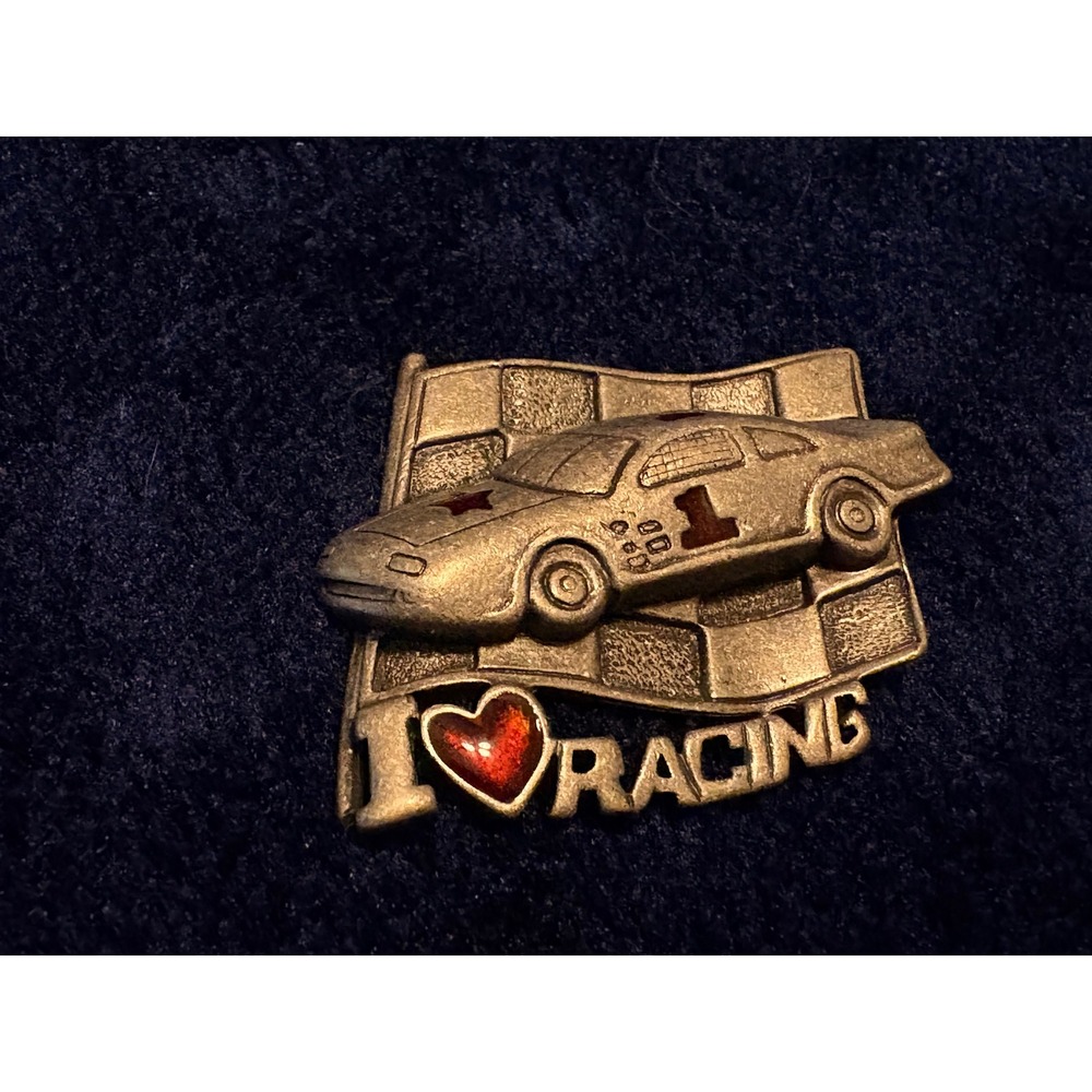 Vintage Signed Dancecraft -I Love Racing - Silver tone Brooch Pin Badge Nascar